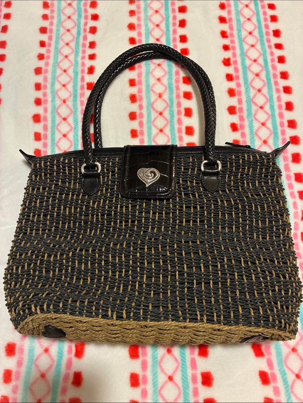 Brighton Black and Tan Woven Satchel with Heart Accent